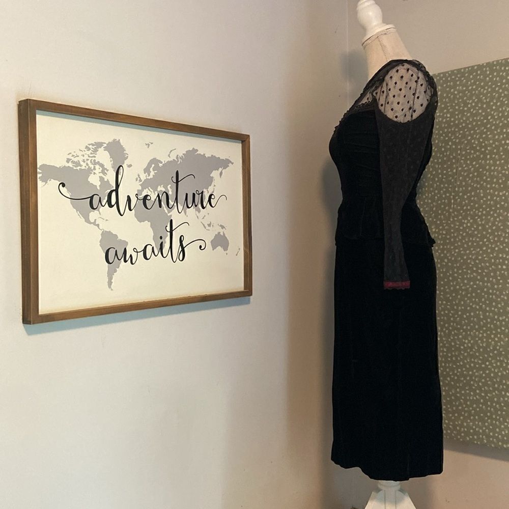 Gunne Sax Black Velvet Vintage Polka Dot Lace Goth Emo Peplum Mini Dress Size 5 - Picture 7 of 11